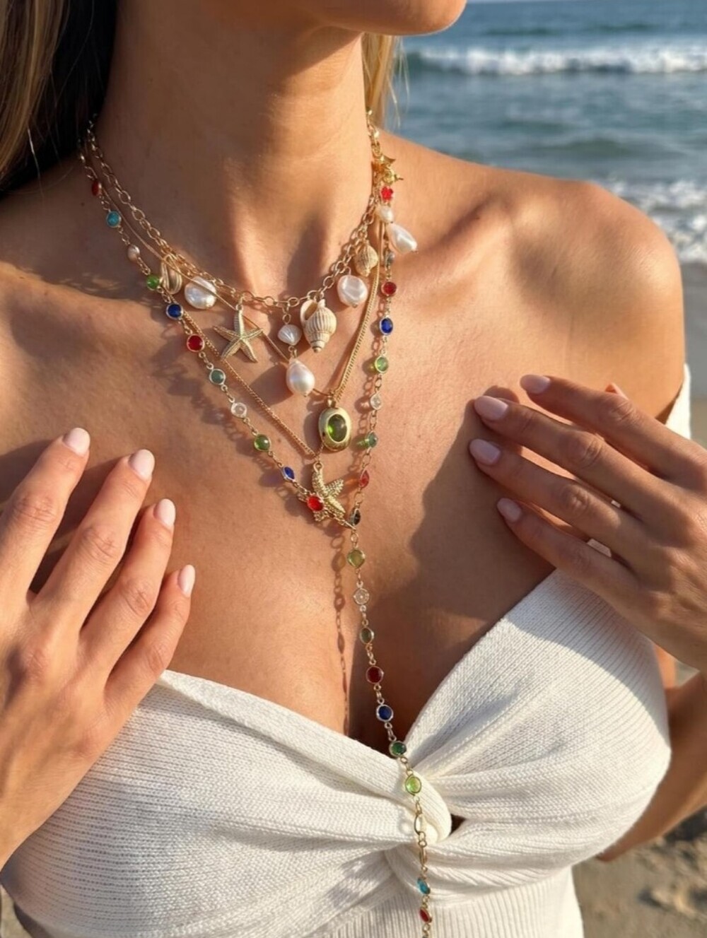 Gold Multi-Color Layered Charm Necklace with Pearls